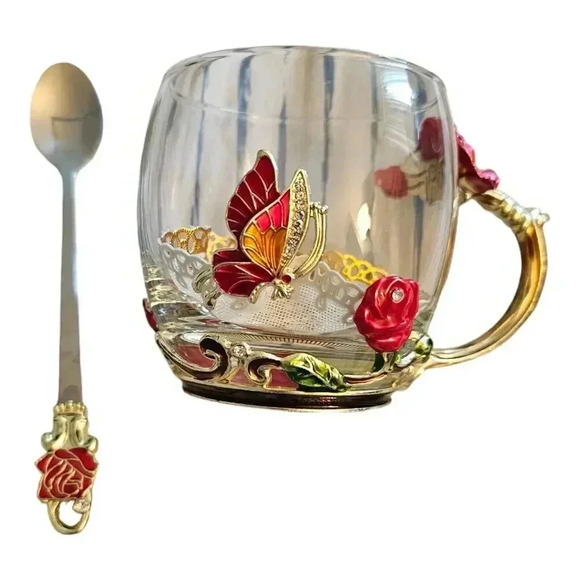 Arc of France Glass Tea Coffee Red Rose & Purple Butterfly Matching Spoon - Picture 1 of 6